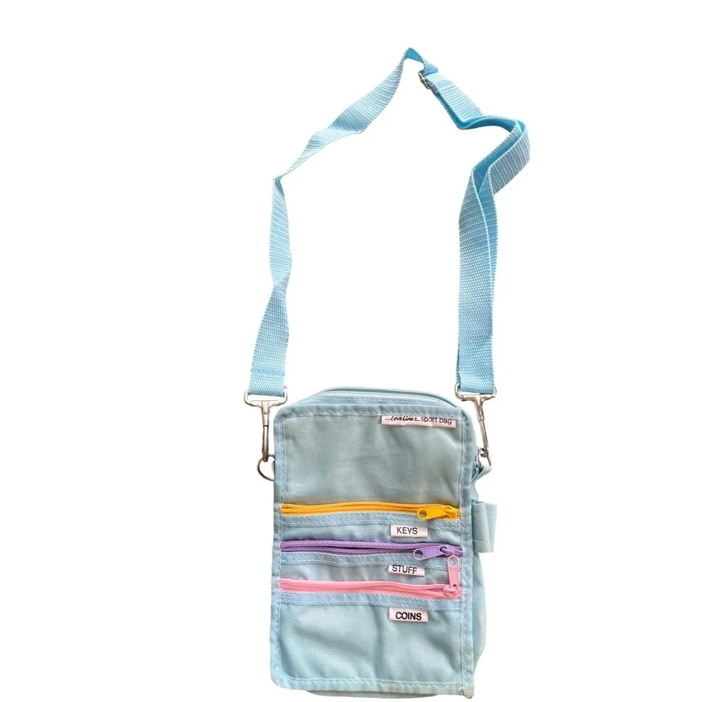 Love Lines Sport Bag Light Blue Crossbody Travel Pouch Multi Zip Pockets 2161